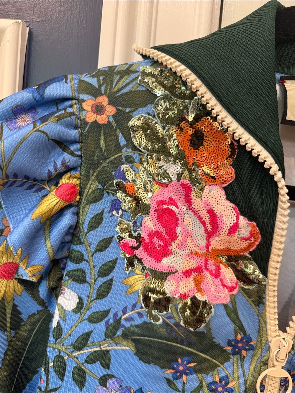 Gucci Light Blue Floral Appliqué Bomber Jacket - Picture 7 of 14
